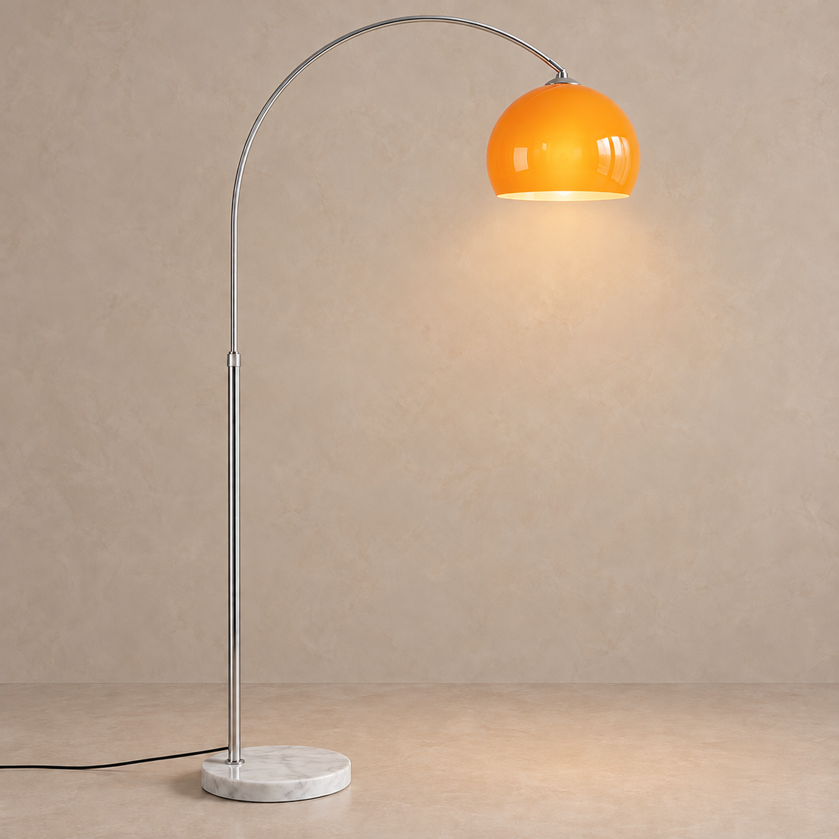 Orange glass shade illuminated on the CLOPO8950 chrome arc lamp