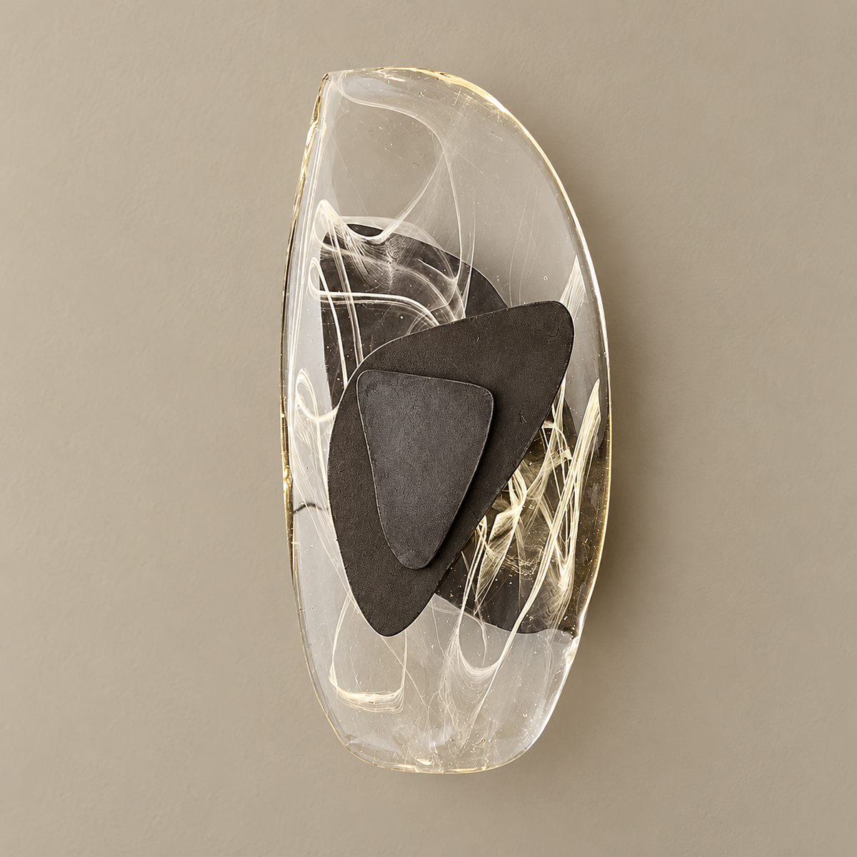 Crystal and resin oval wall sconce, unlit on a stone-beige wall