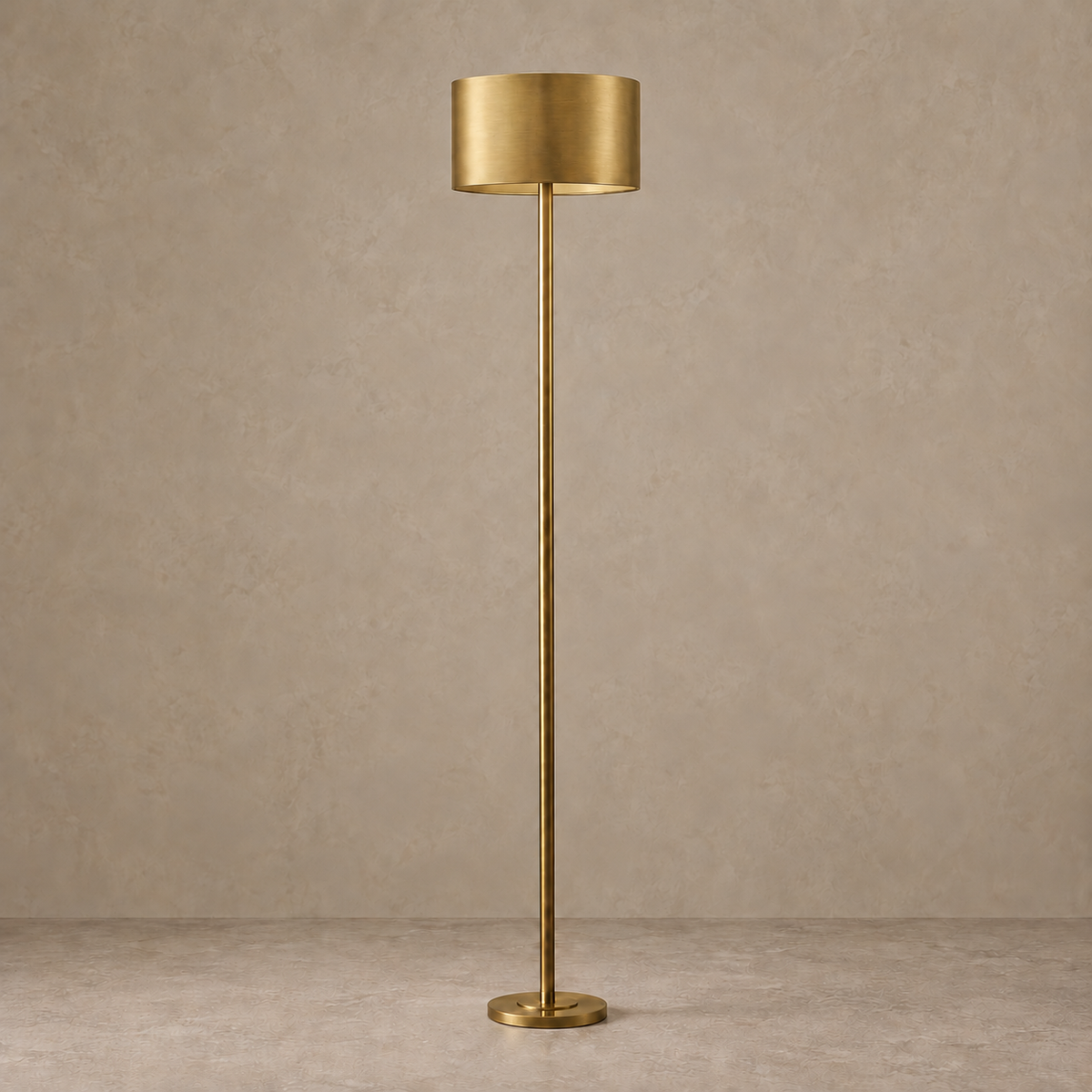 CLSEW025 brass floor lamp with an opaque metal drum shade, switched off.