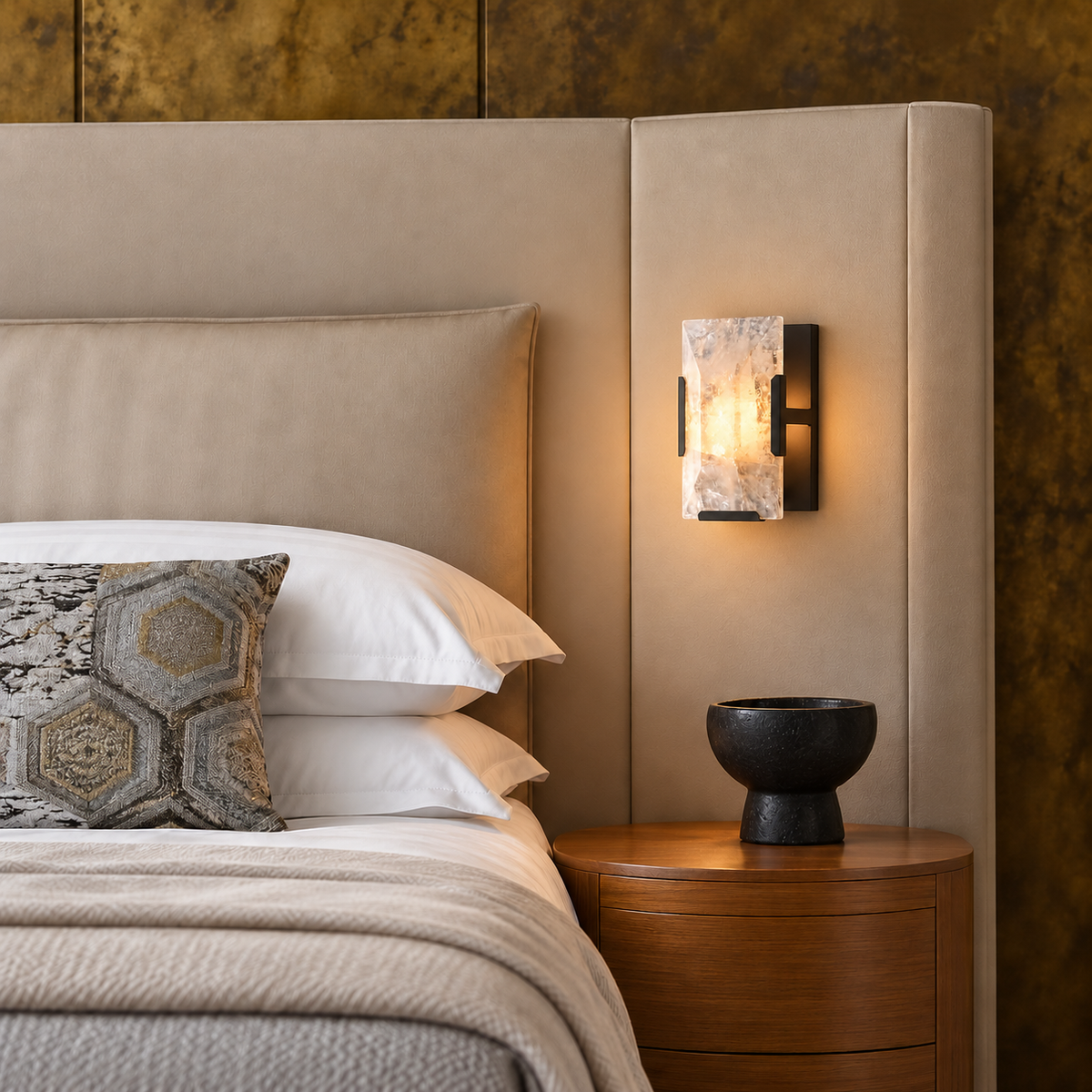Calcite wall sconce with black hardware installed beside an upholstered bed.