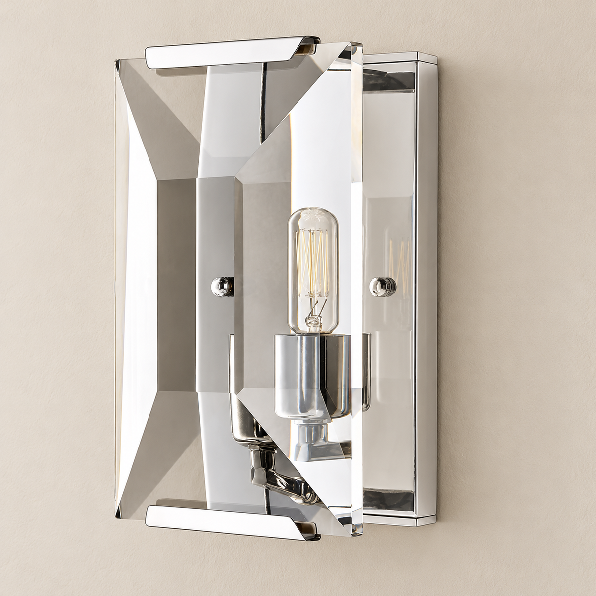Single crystal wall sconce with a silver finish, shown from an angle.