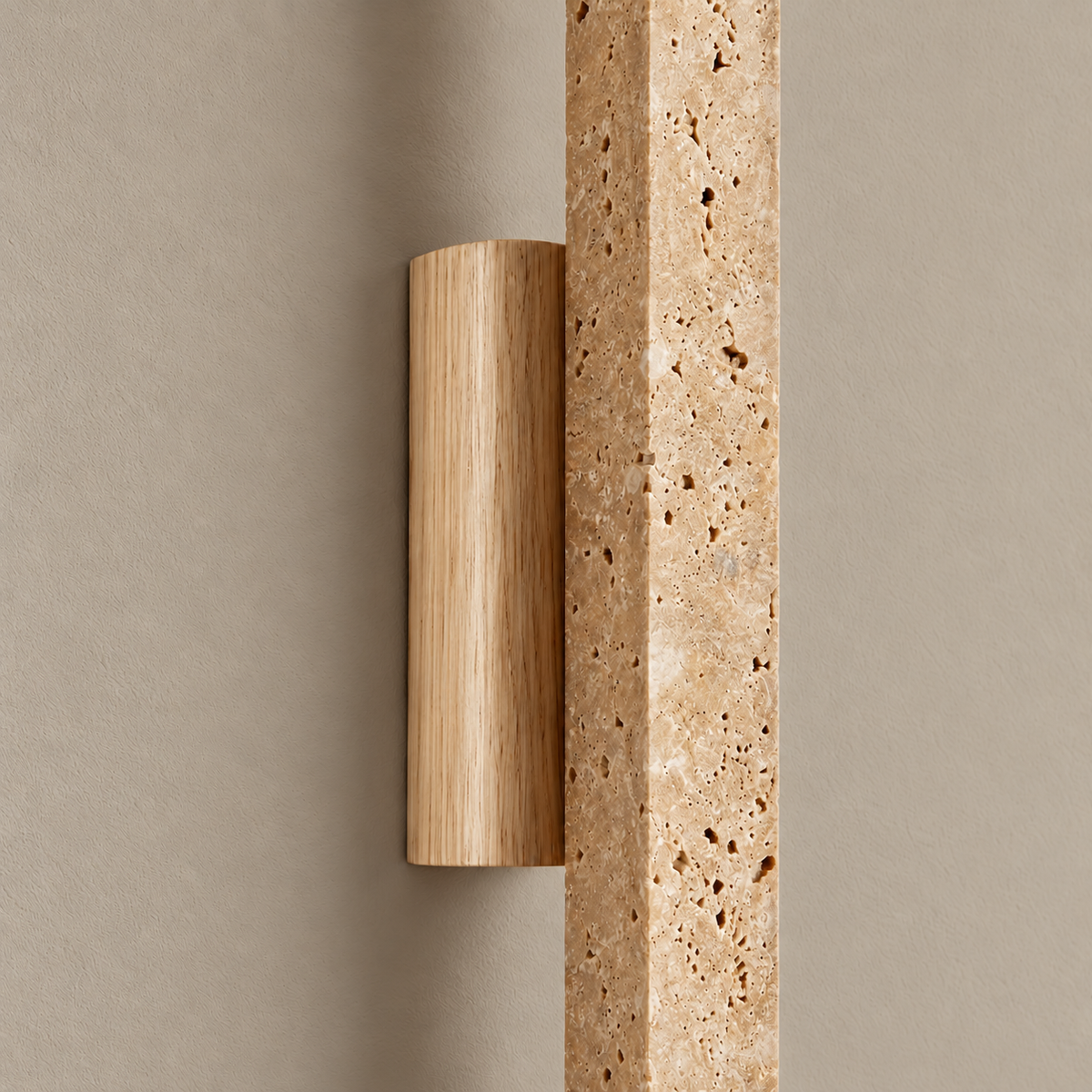 Travertine and wood wall sconce, close view of materials and mounting