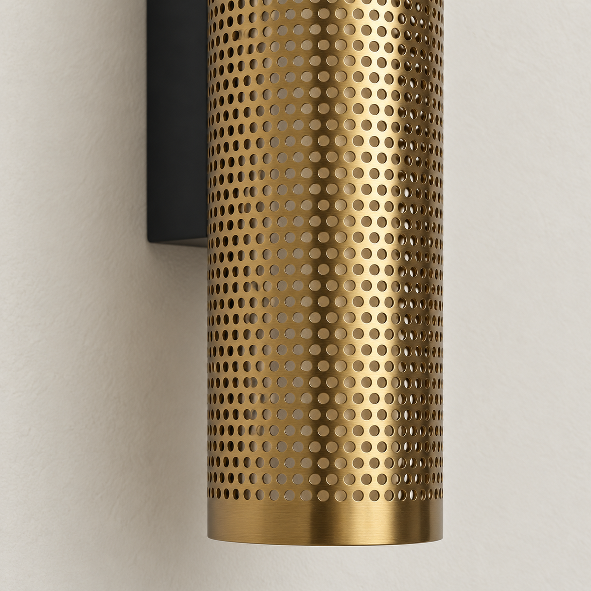 Close detail of the brass perforations and black mounting plate.