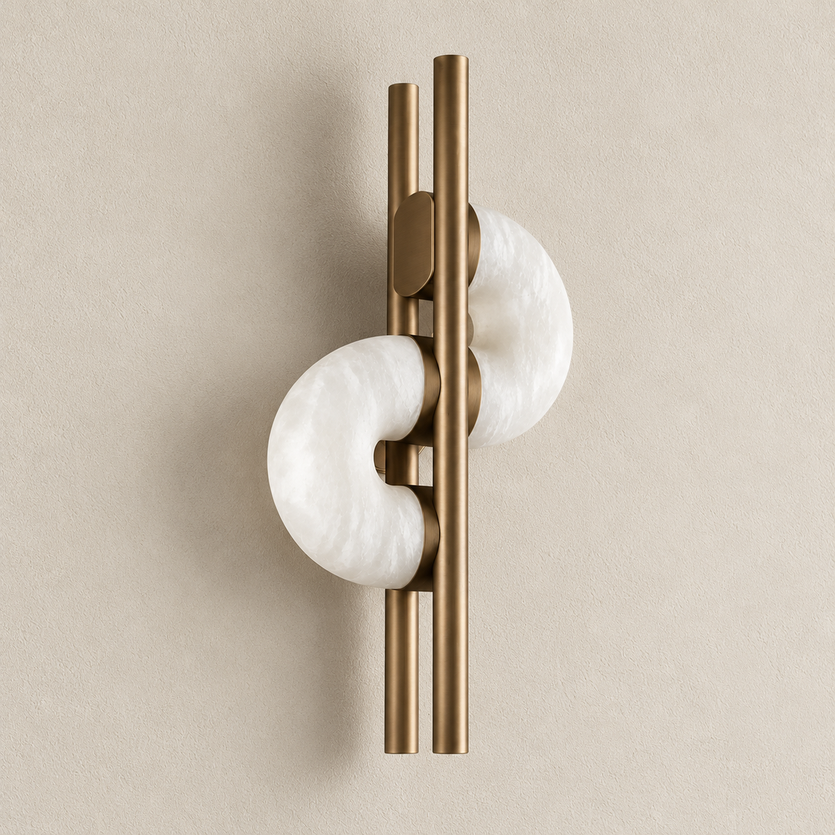 Angled view of the alabaster discs, bronze rods and wall supports.