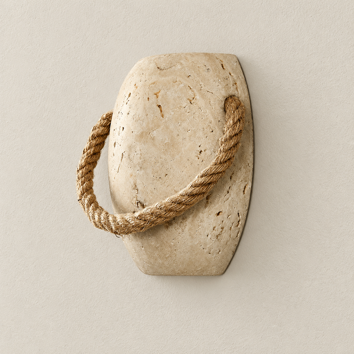 Three-quarter view of the travertine sconce and its curved rope loop.