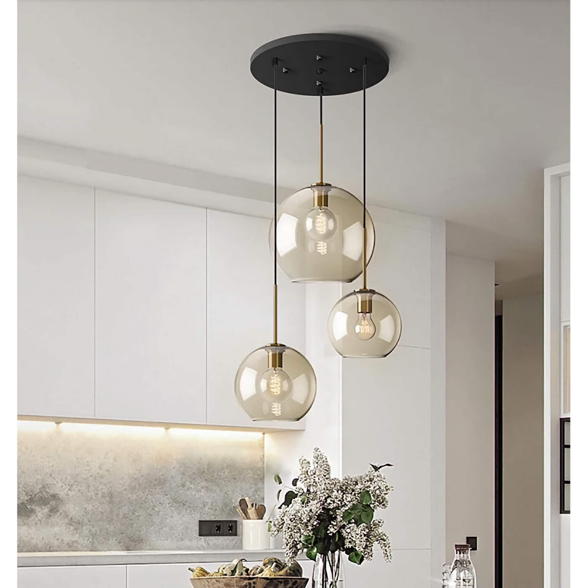 Cognac Glass 3 Light Pendant for Dining Table or Kitchen Island | Solid Brass Four Arrangements E27 Casalola Lights