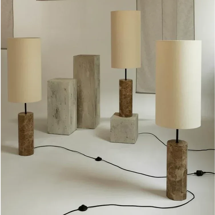 Genuine Marble Column Floor Lamp Fabric Shade | 128cm Tall E26/e27 Dimmable Option Natural Stone Casalola Lights Luxury