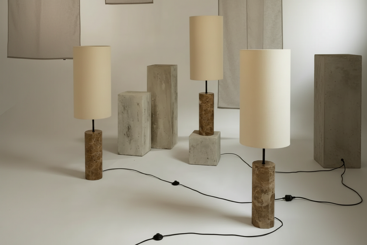 Genuine Marble Column Floor Lamp Fabric Shade | 128cm Tall E26/e27 Dimmable Option Natural Stone Casalola Lights Luxury