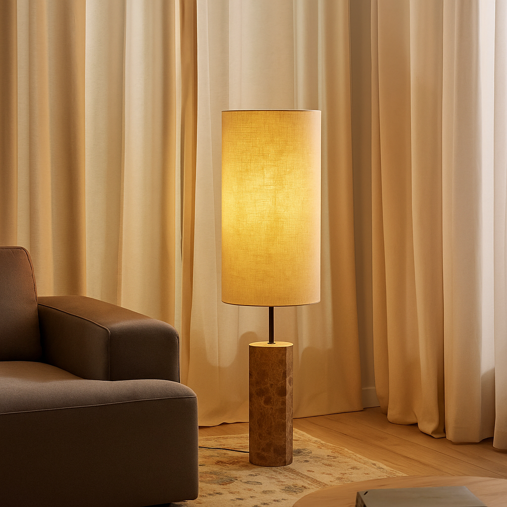 Genuine Marble Column Floor Lamp Fabric Shade | 128cm Tall E26/e27 Dimmable Option Natural Stone Casalola Lights Luxury