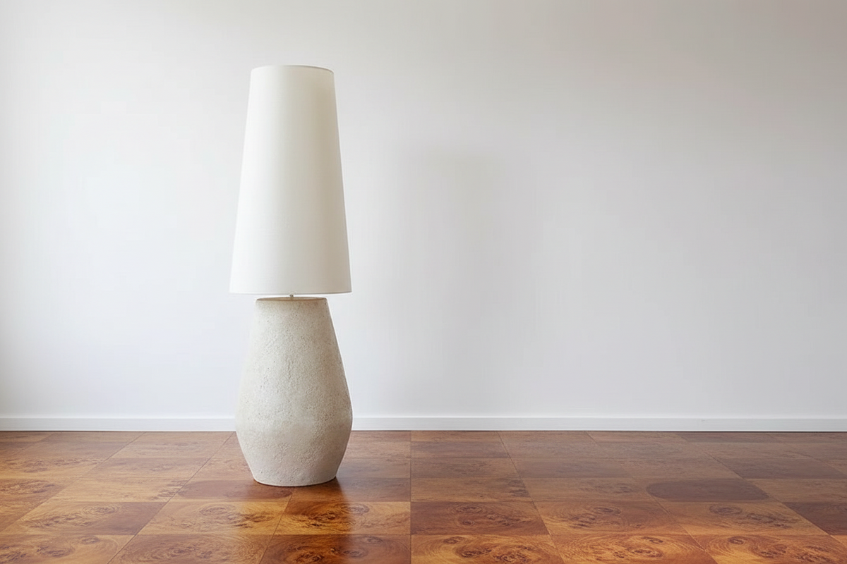 Plaster Vessel Floor Lamp Linen Shade | 150cm Tall E27/e26 Organic Modern Bedside or Sofa Light Casalola Lights Luxury