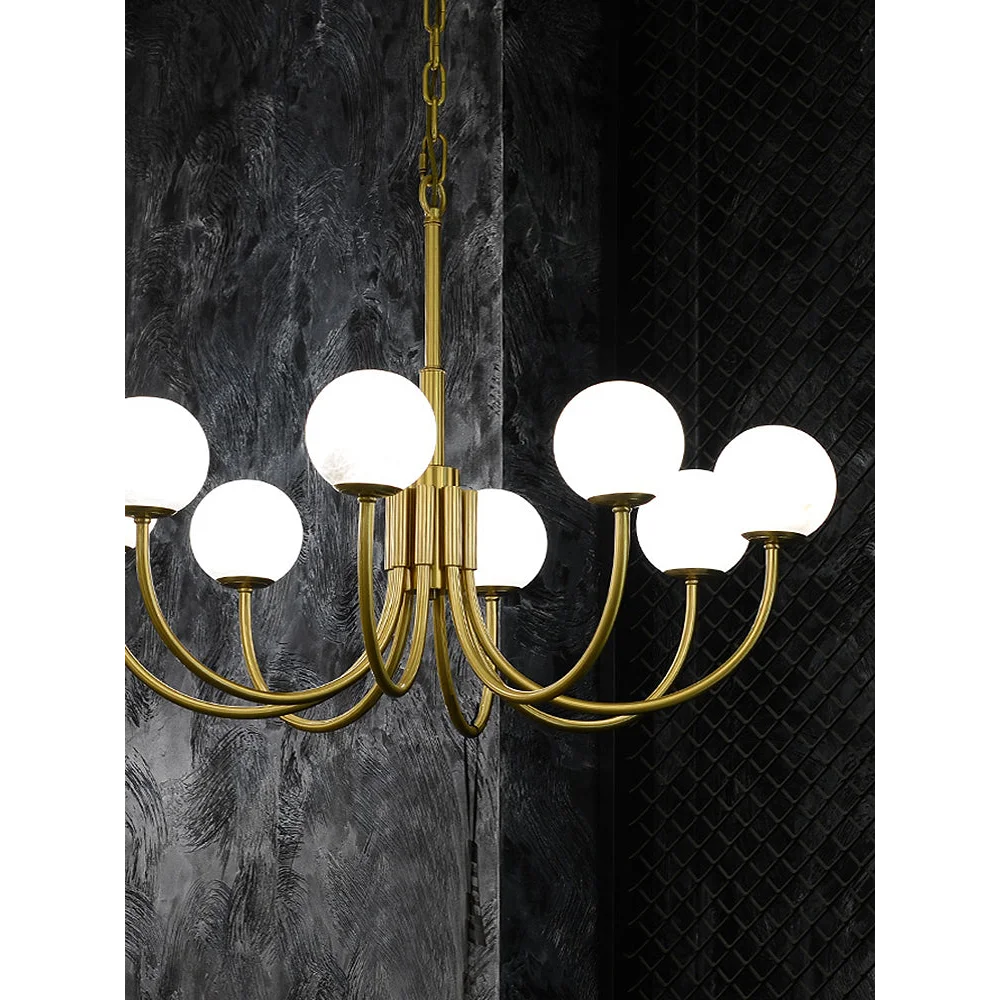 Brushed Brass Chandelier with Alabaster Globes | Modern Dining Room Lighting Fixture