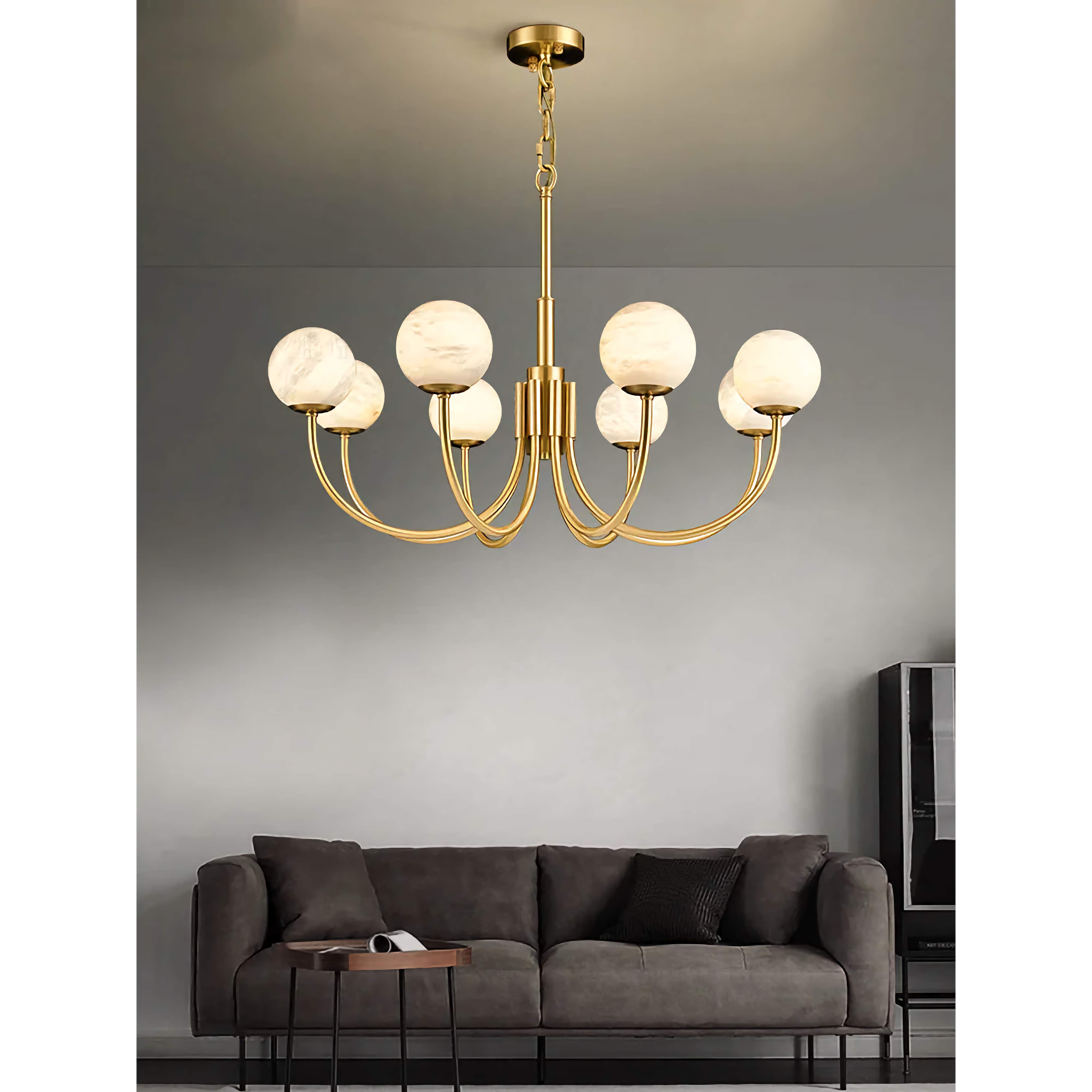 Brushed Brass Chandelier with Alabaster Globes | Modern Dining Room Lighting Fixture