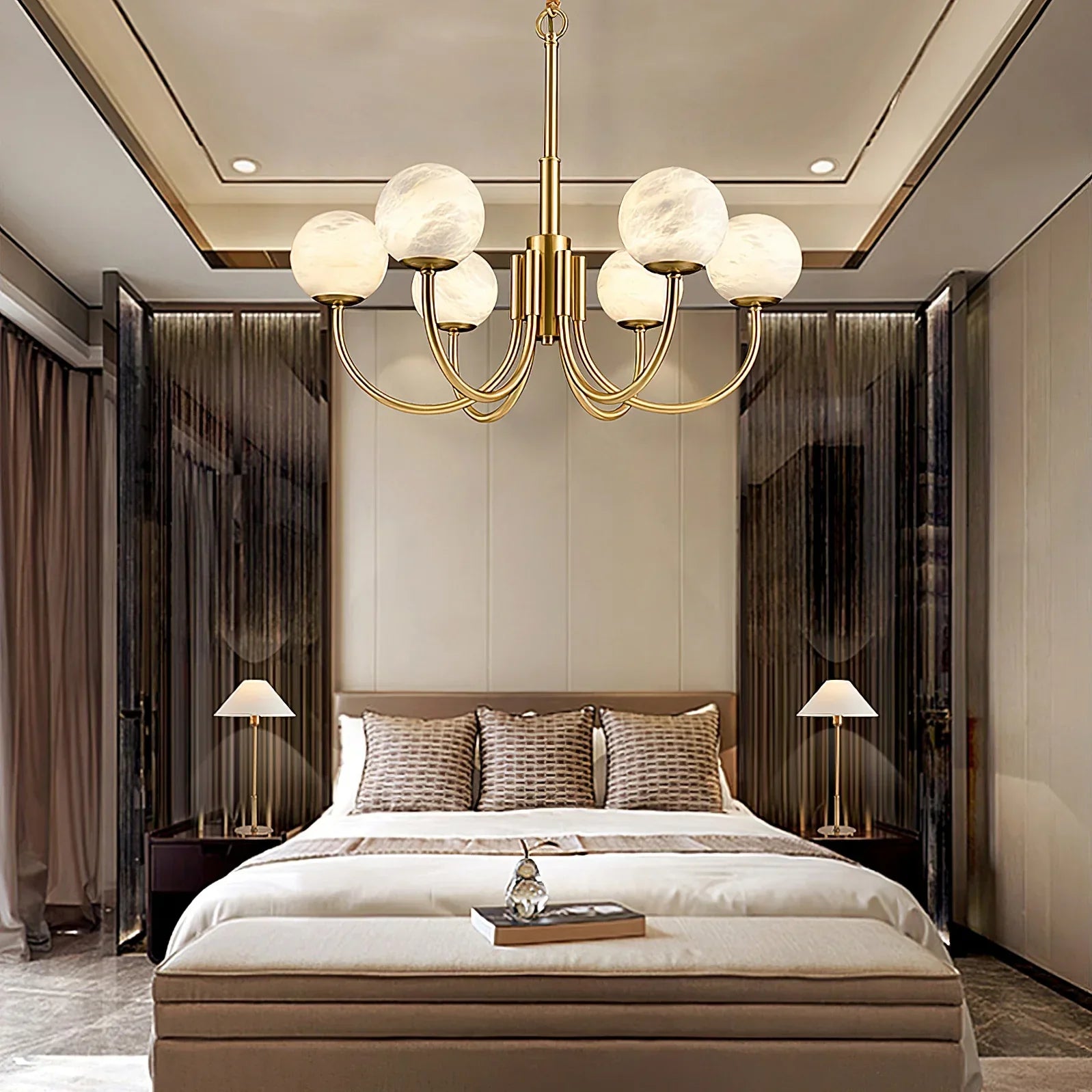 Brushed Brass Chandelier with Alabaster Globes | Modern Dining Room Lighting Fixture