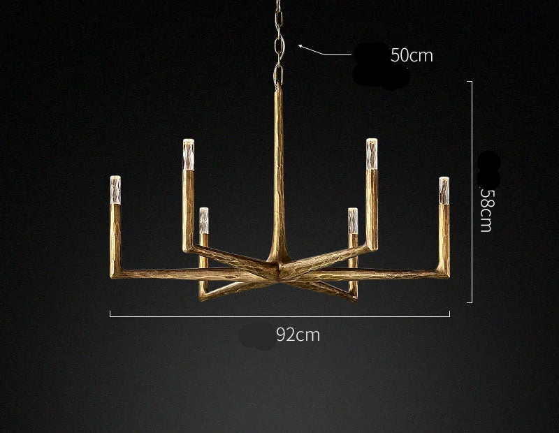Linear forged brass and crystal chandelier full view