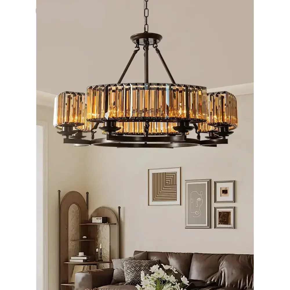 Amber Crystal Drum Chandelier in Bronze | Modern Dining Room | 8 Light Fixture for Ambient Lighting