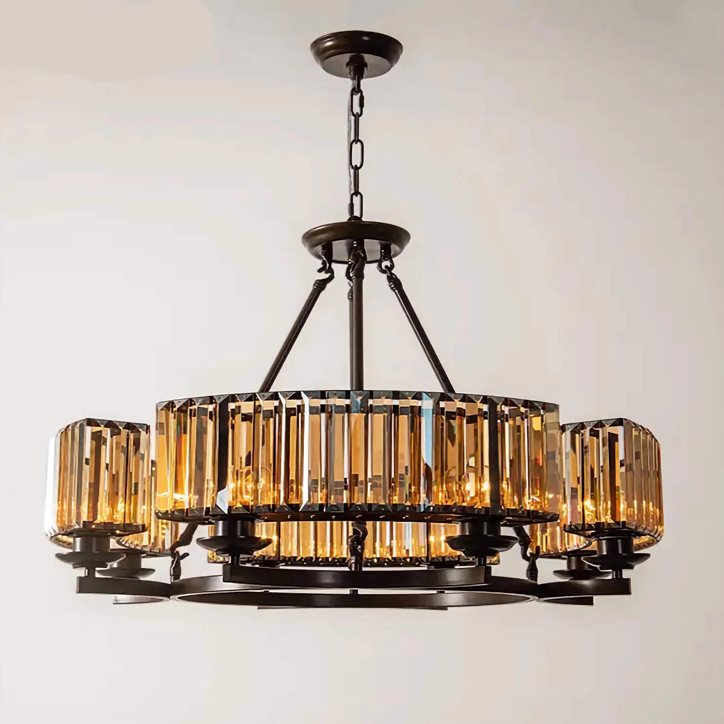 Amber Crystal Drum Chandelier in Bronze | Modern Dining Room | 8 Light Fixture for Ambient Lighting