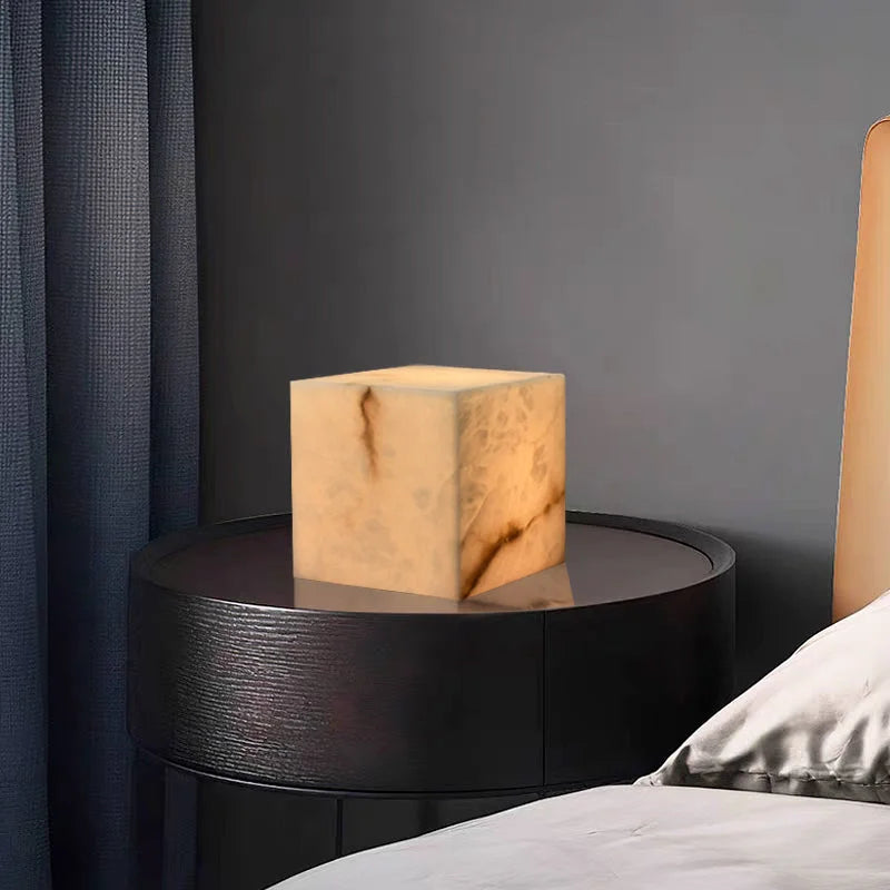 Alabaster Cube Table Lamp | Sculptural Ambient Marble Lighting