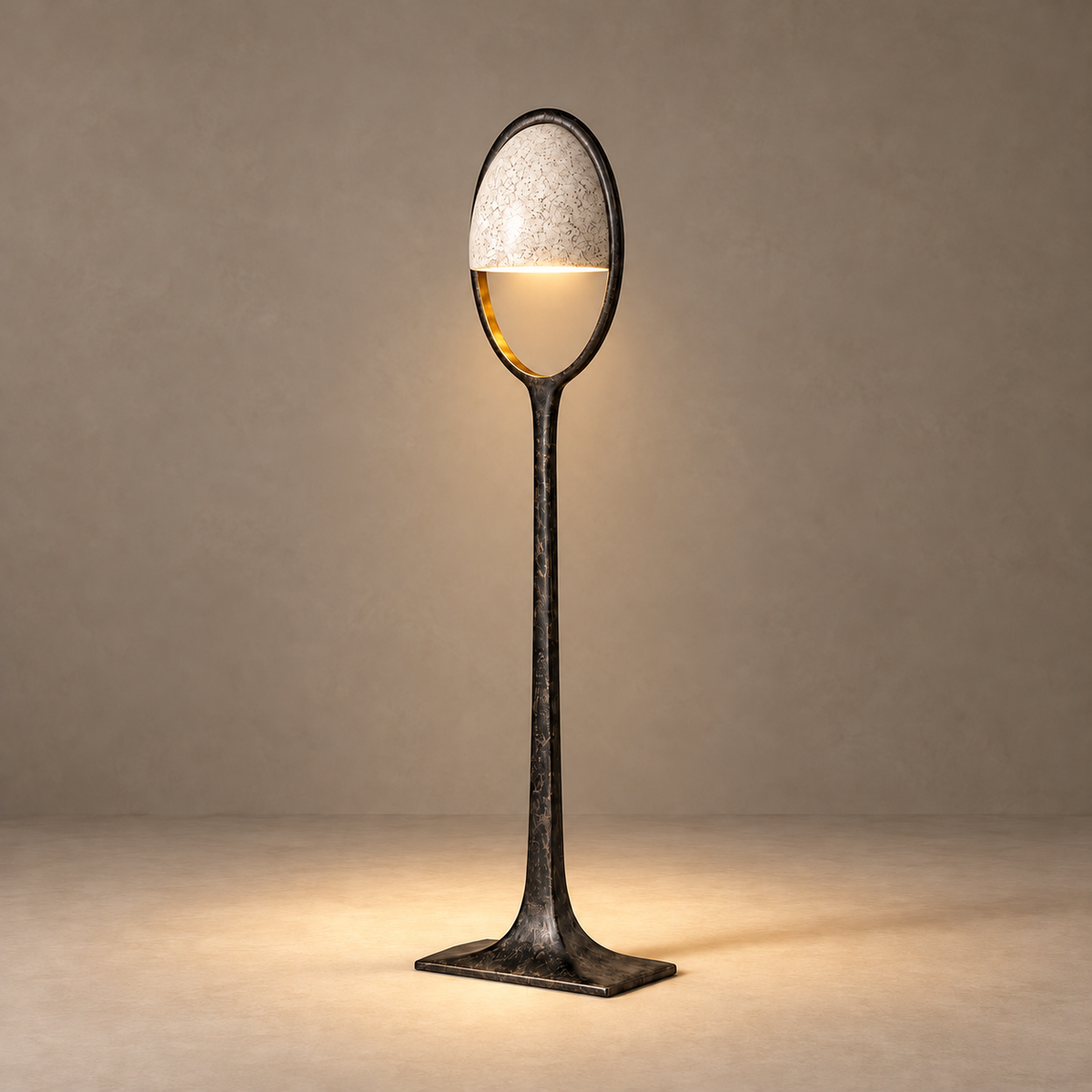 Cup CLCUP0148 floor lamp illuminated beneath its textured shade, with light catching the brass inner rim.