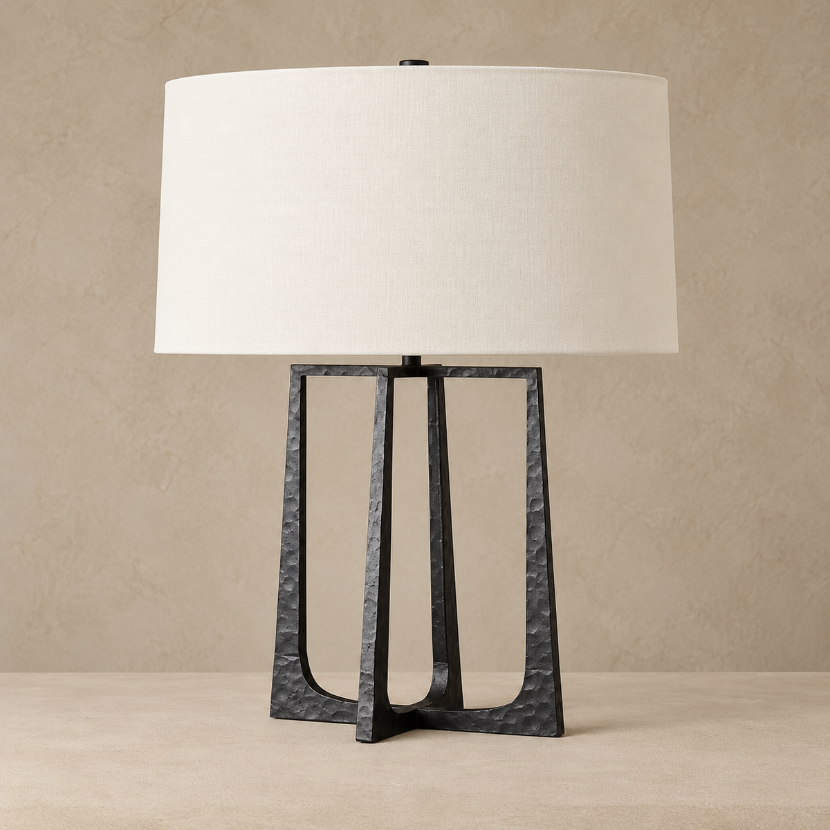 Hammered Copper Table Lamp, switched off, on a beige background.