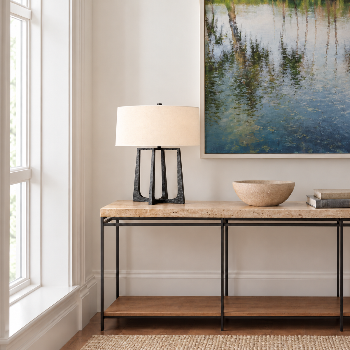 Hammered Copper Table Lamp on a stone-topped entry console.