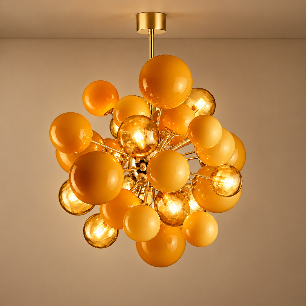 Murano Style Orange Glass Globe Chandelier Brass | Large Statement for an Entry Hall Custom Rod Casalola Lights Luxury