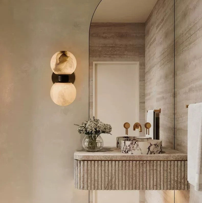 Double Genuine Alabaster Globe Wall Sconce Brass | Ip44 Vanity Hallway Pair 2 Lights Casalola Luxury Lamps for Interior