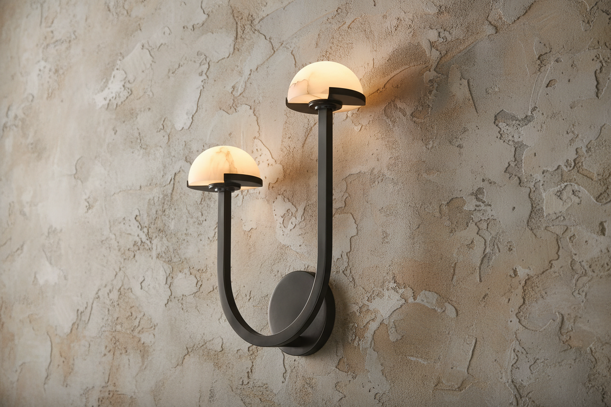Black double brass and alabaster sconce glowing warm