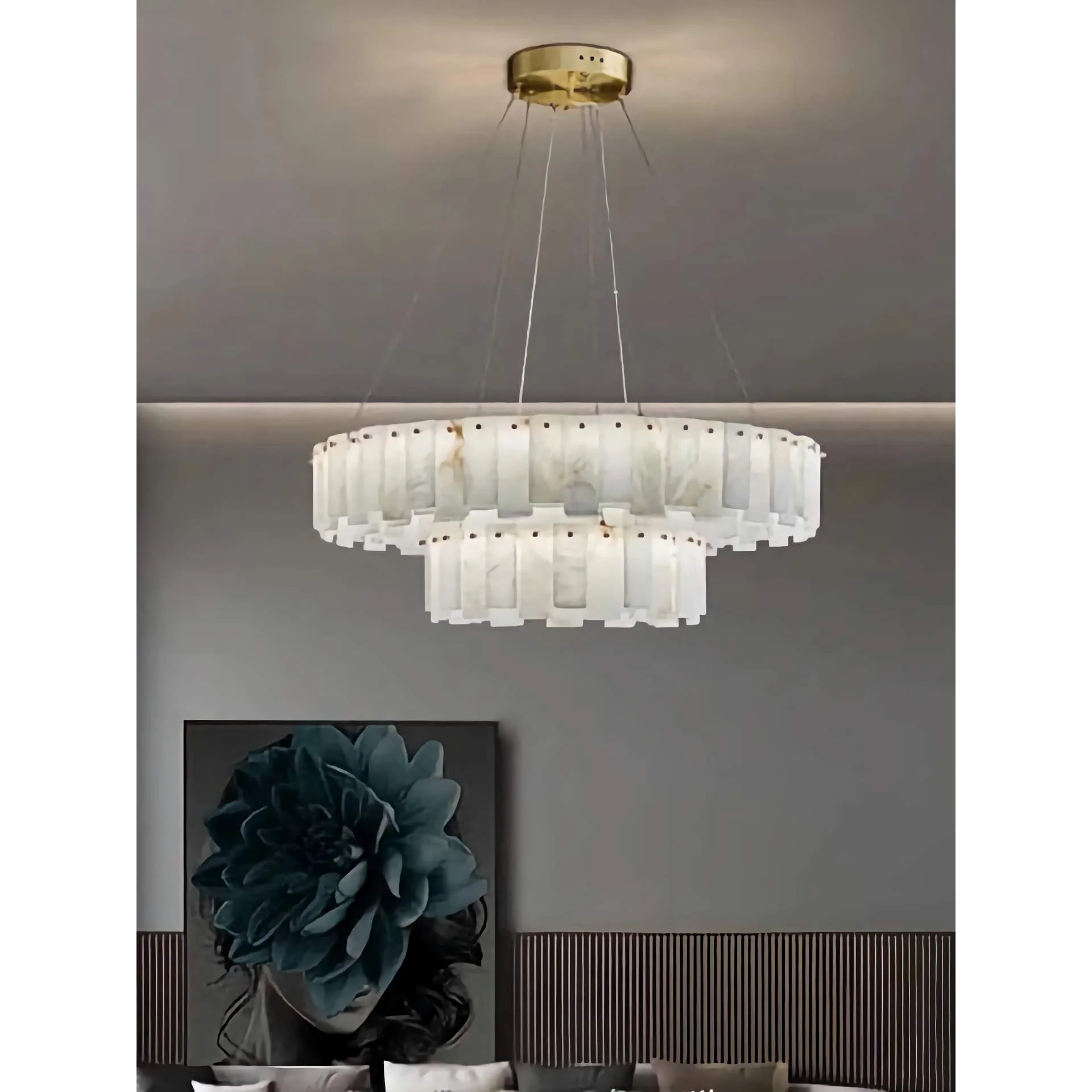 Double Layer Round Alabaster Chandelier Over the Dining Table or in Living Room | Casalola Lights