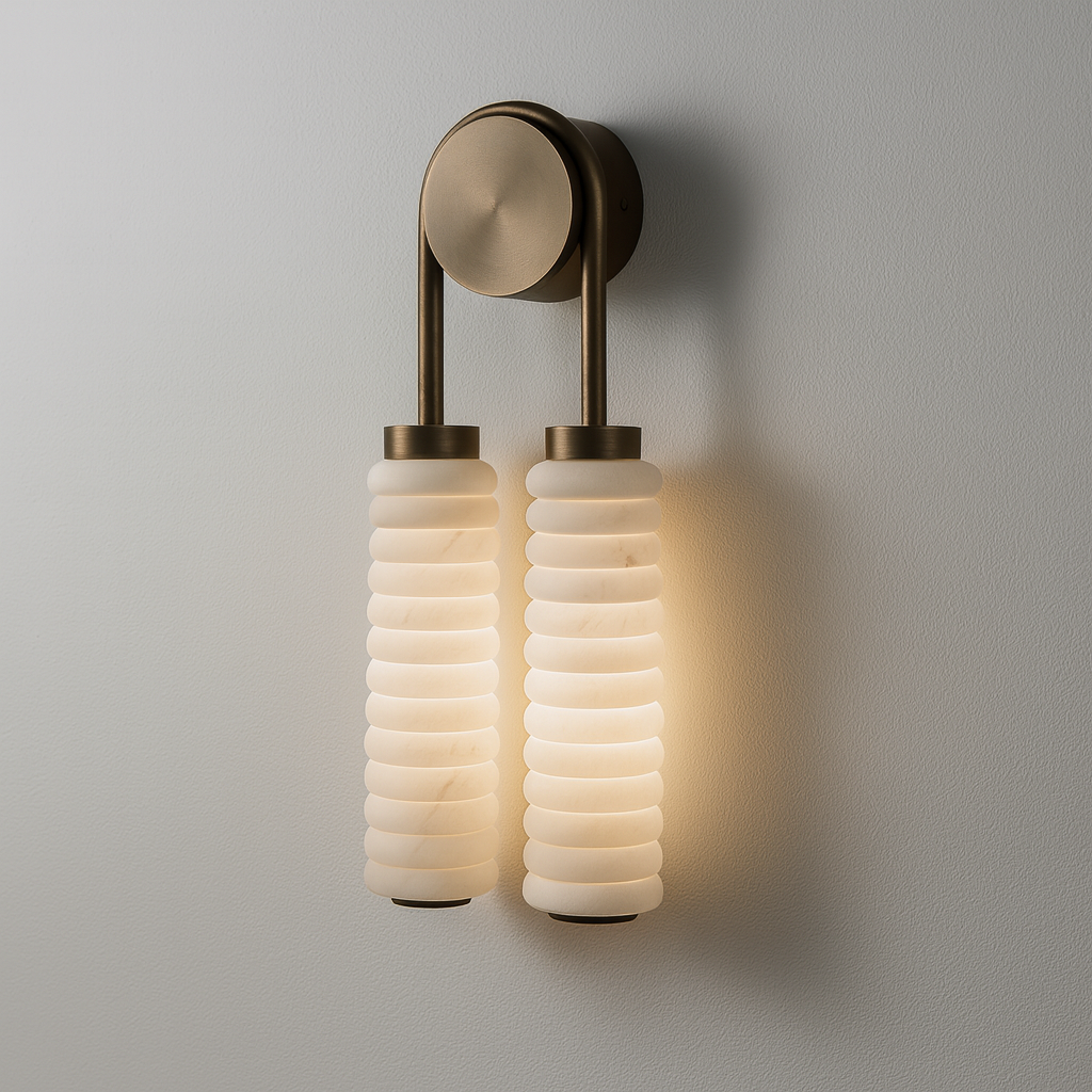 Double Genuine Marble Wall Sconce Brass | Vanity Pair Low Profile Ringed Stone Glow 2 Columns Casalola Lights Luxury