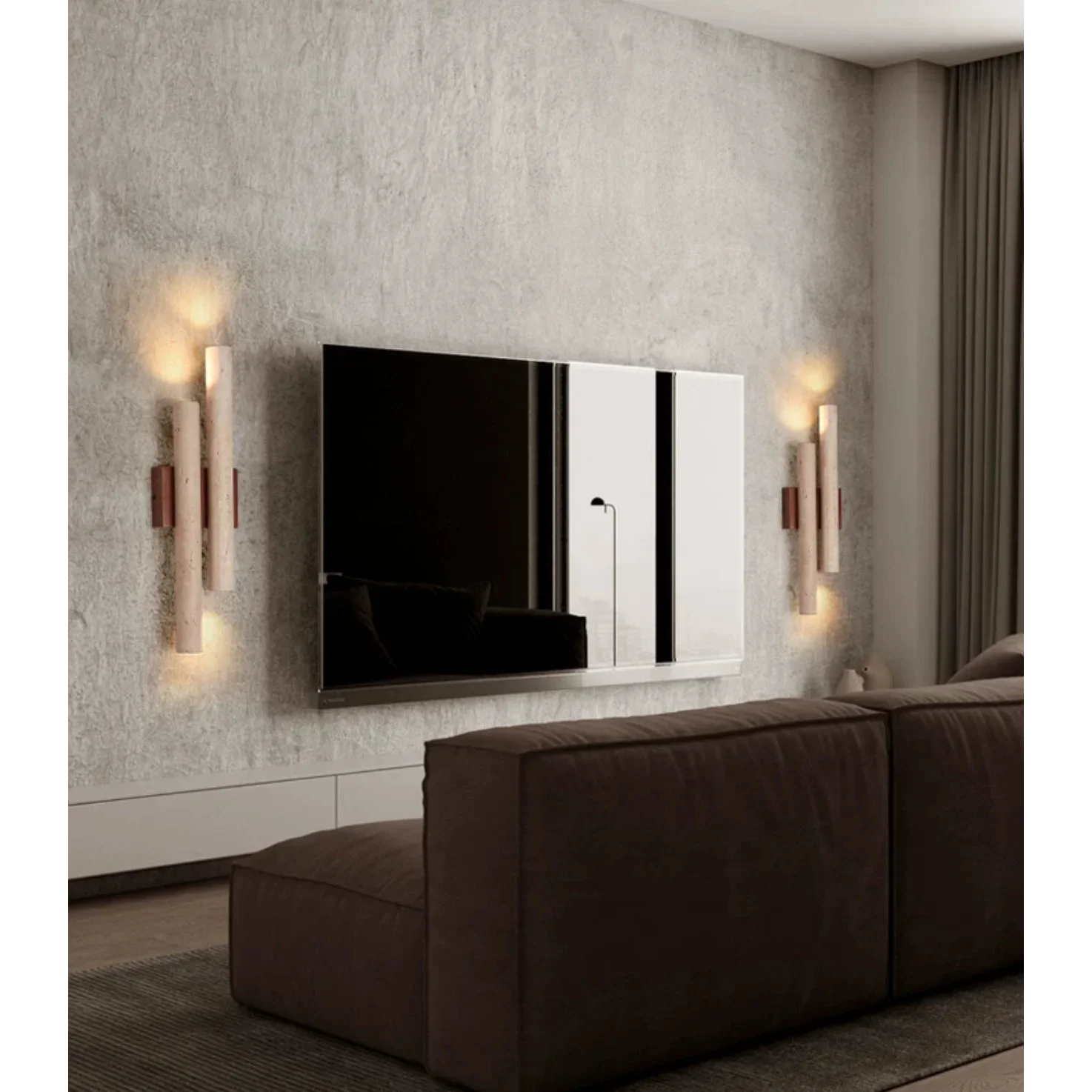Double travertine wood wall light on a staircase