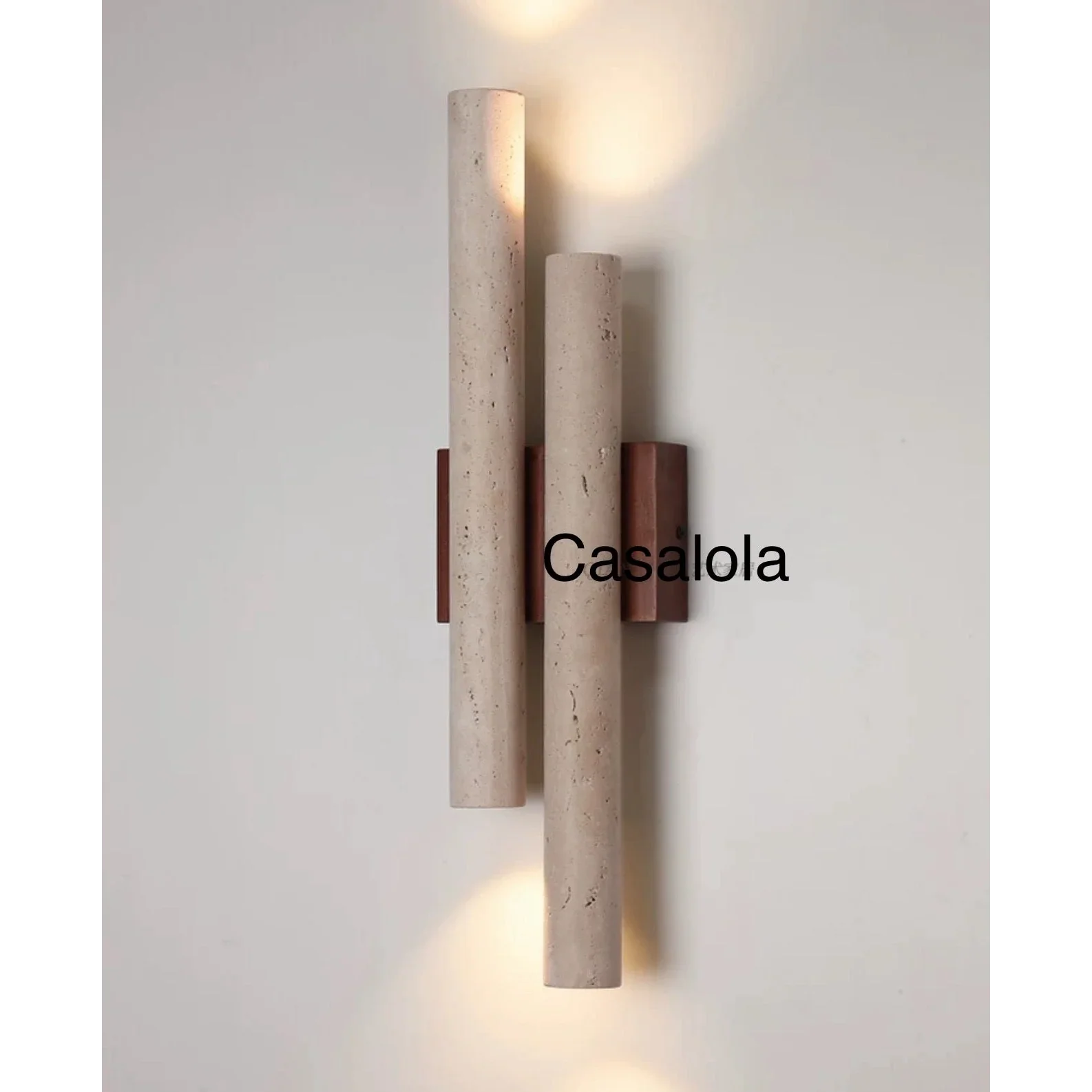 Double travertine and wood wall light full view