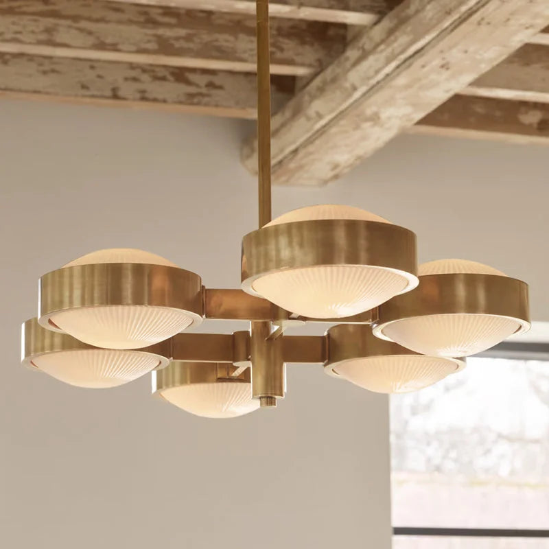 Solid Brass 6-light Chandelier | Mid-century Modern Linear Pendant | Fluted Frosted Glass | Casalola Lights