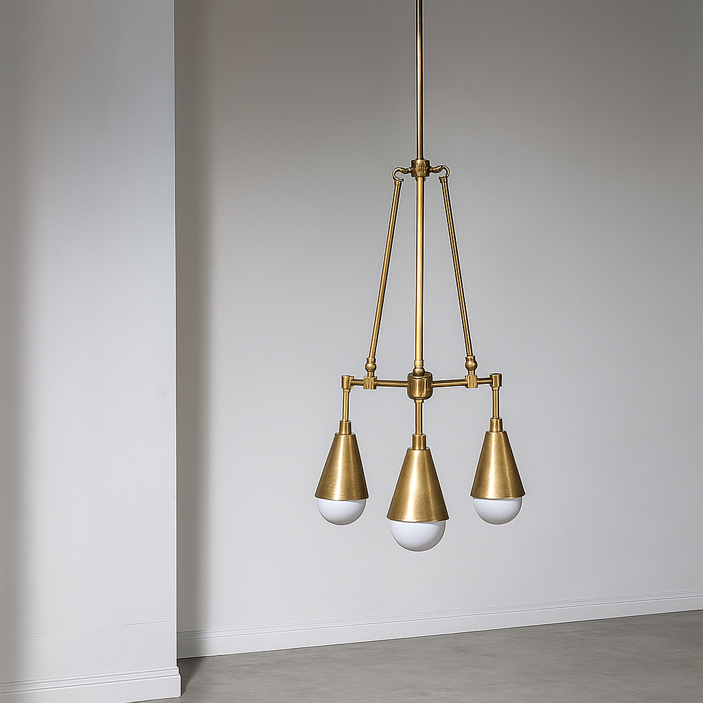 Solid Brass 3-light Chandelier | Mid-century Modern Tapered Pendant | Opaline White Glass | Casalola Lights