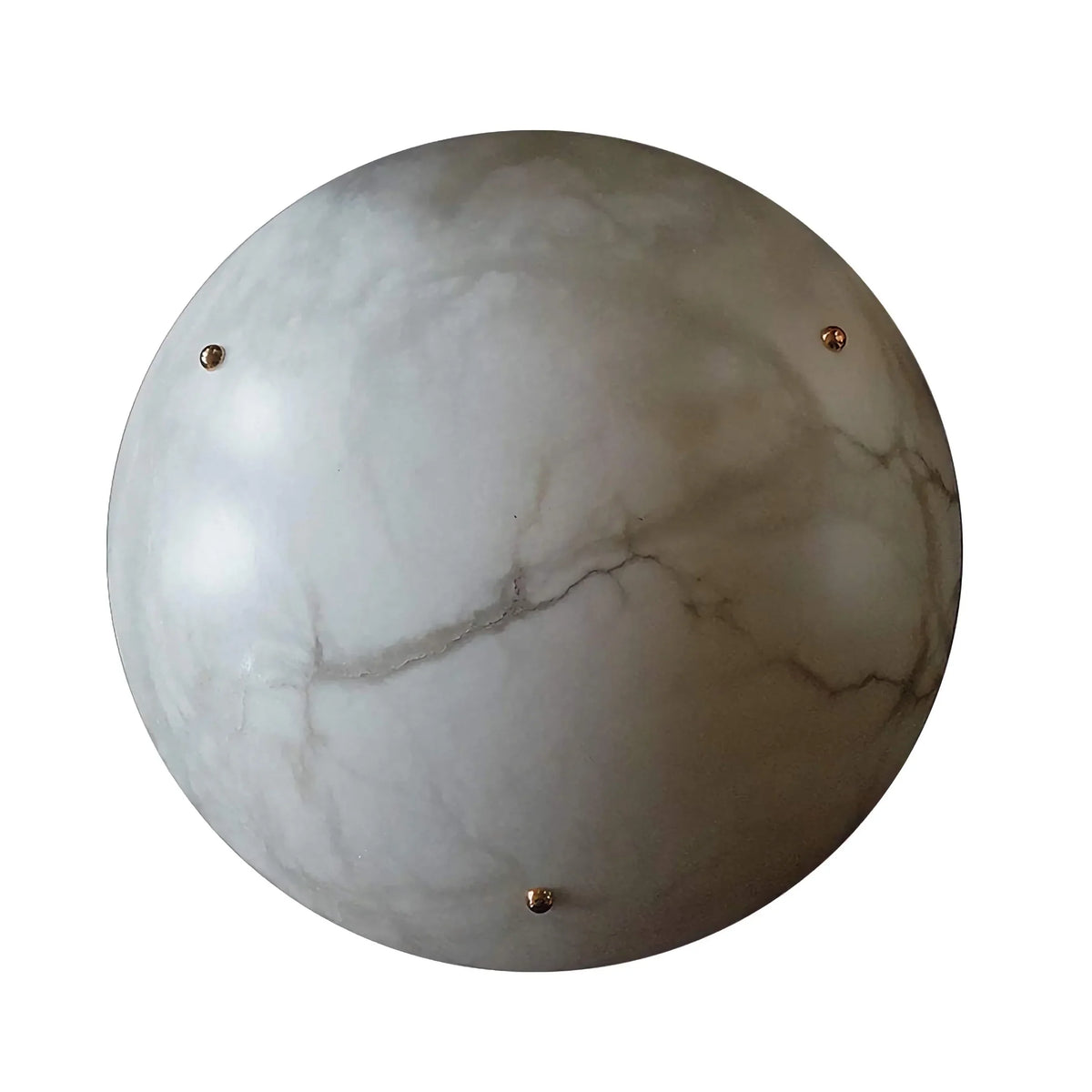 Underside of the Flat Rose shade showing natural alabaster clouding, veins and three brass fixings.