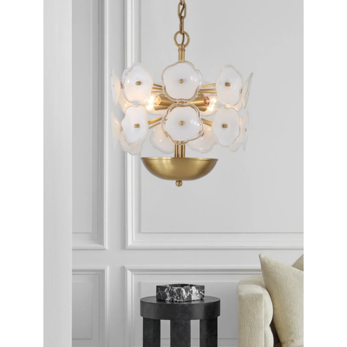 White Glass Flower Chandelier for Dining Room or Bedroom | Brass Frame 13 in Wide Hand Formed Blooms Casalola Lights
