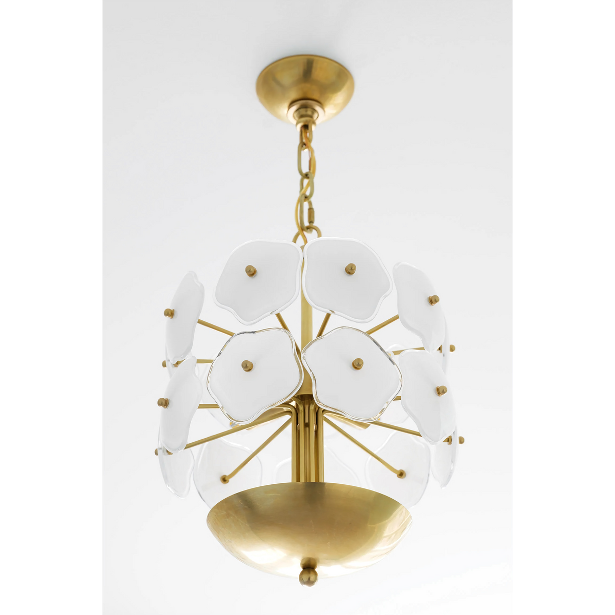 White Glass Flower Chandelier for Dining Room or Bedroom | Brass Frame 13 in Wide Hand Formed Blooms Casalola Lights