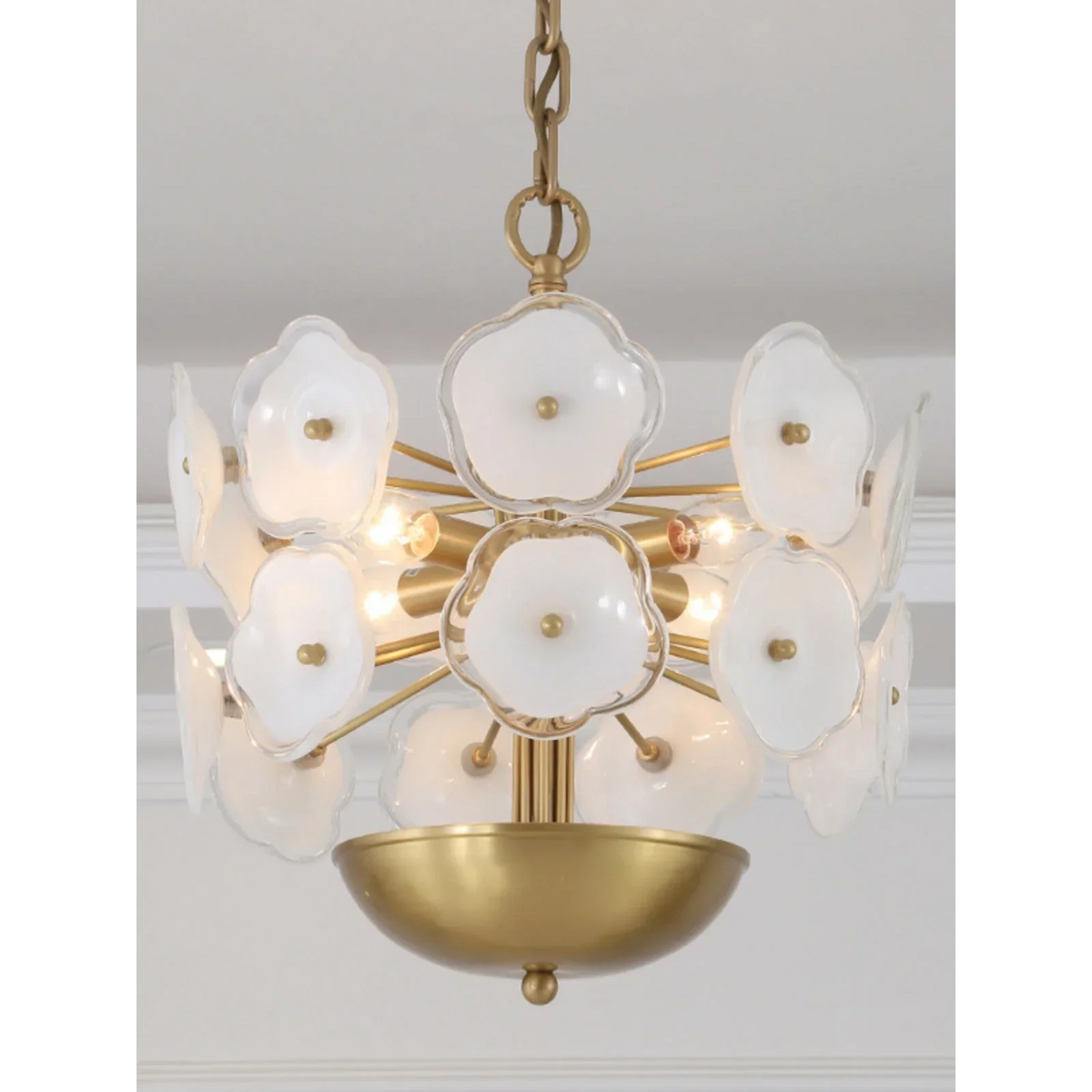 White Glass Flower Chandelier for Dining Room or Bedroom | Brass Frame 13 in Wide Hand Formed Blooms Casalola Lights