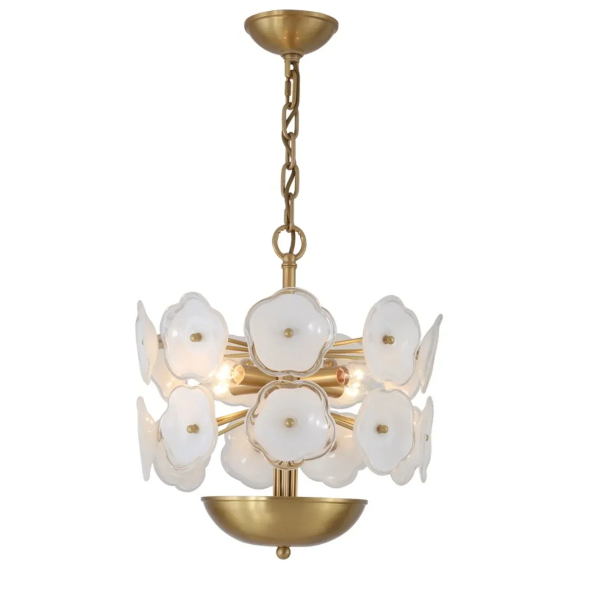 White Glass Flower Chandelier for Dining Room or Bedroom | Brass Frame 13 in Wide Hand Formed Blooms Casalola Lights