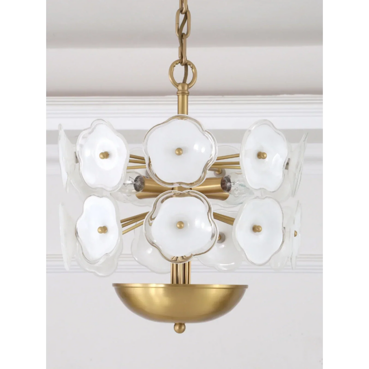 White Glass Flower Chandelier for Dining Room or Bedroom | Brass Frame 13 in Wide Hand Formed Blooms Casalola Lights