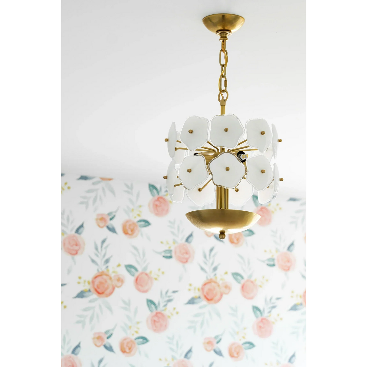 White Glass Flower Chandelier for Dining Room or Bedroom | Brass Frame 13 in Wide Hand Formed Blooms Casalola Lights