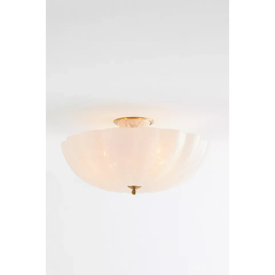 Frosted Glass Semi Flush Mount Ceiling Light for Dining Room | Brass Chains 16 or 21 Inch Scalloped Rim Casalola Lights