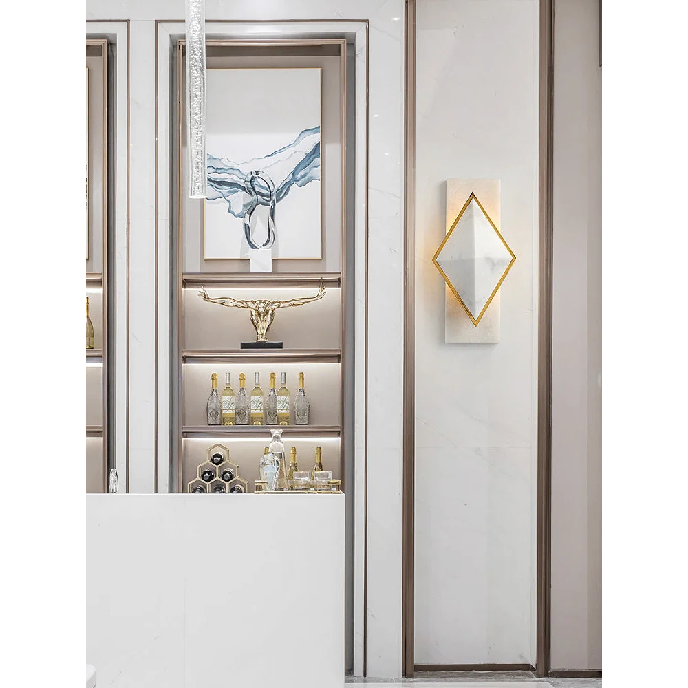 Geometric Alabaster Wall Sconce – Marble & Brass for Hallway Bedroom