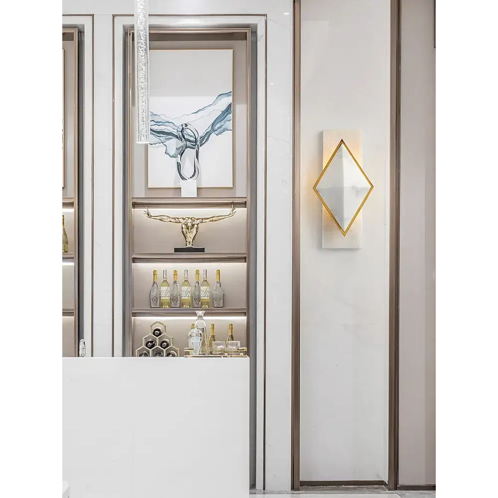 Geometric Alabaster Wall Sconce – Marble & Brass for Hallway Bedroom - Sconces