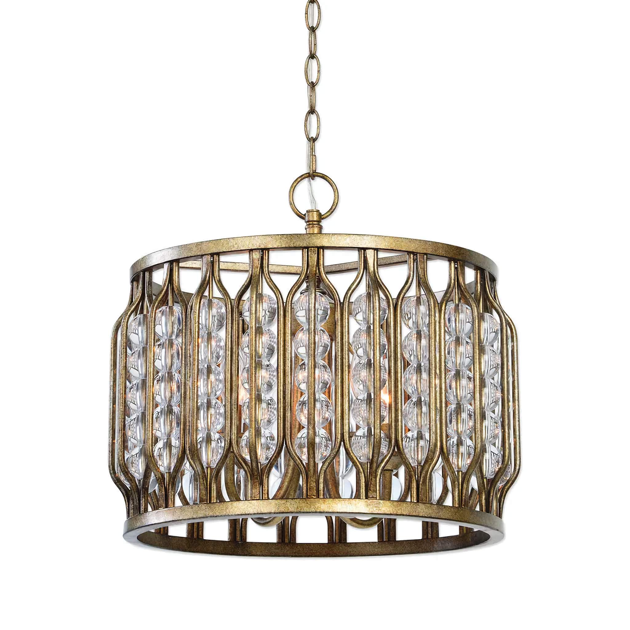 Handcrafted Antique-gold Drum Chandelier with Crystal Prisms – Elegant Dining Room & Entryway Pendant Lighting