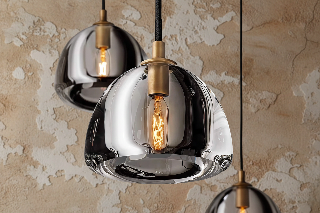 Copper and glass pendant over a dining table
