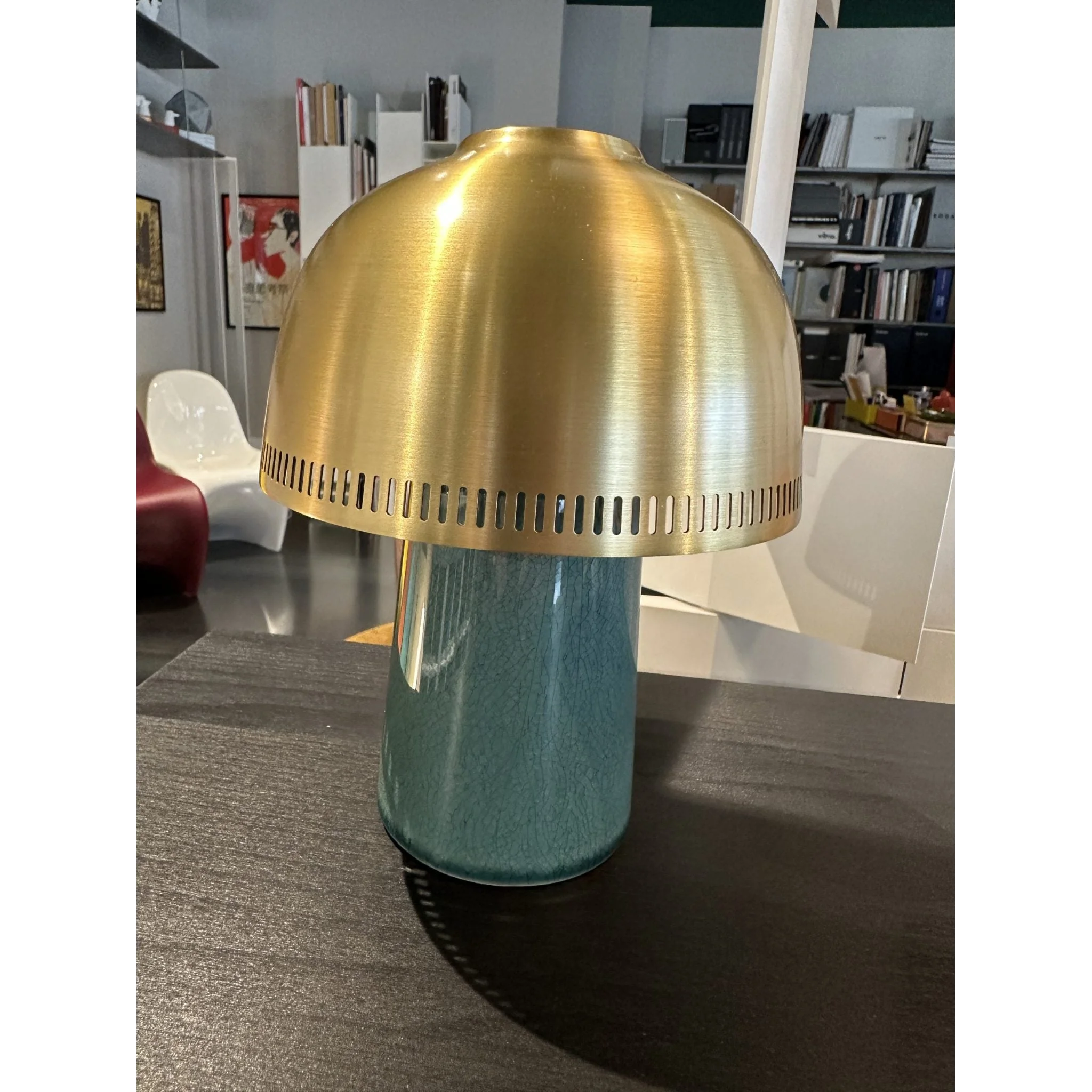 Green Crackle Glaze Ceramic Table Lamp | Brass Dome Sculptural Light