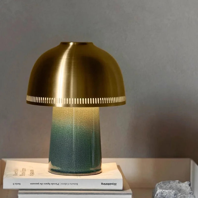 Green Crackle Glaze Ceramic Table Lamp | Brass Dome Sculptural Light