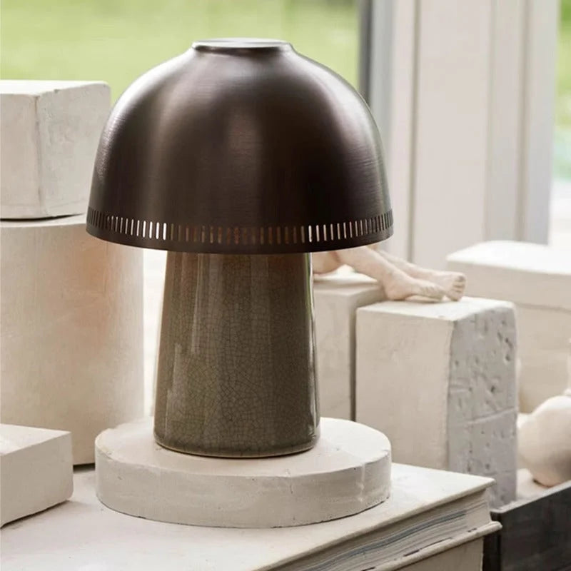 Brown Crackle Glaze Ceramic Table Lamp | Brass Dome Sculptural Light