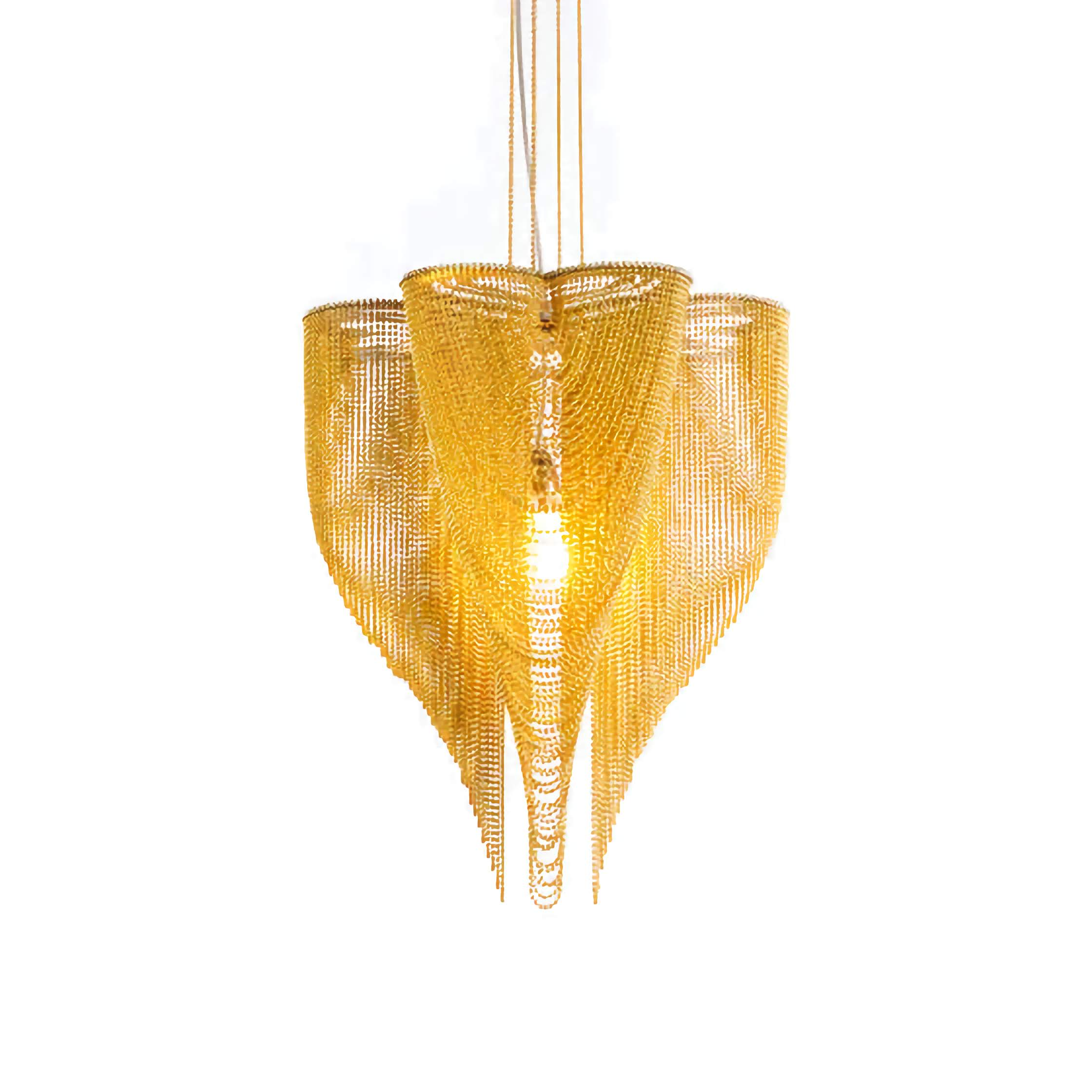 Gold mesh chandelier in a living room