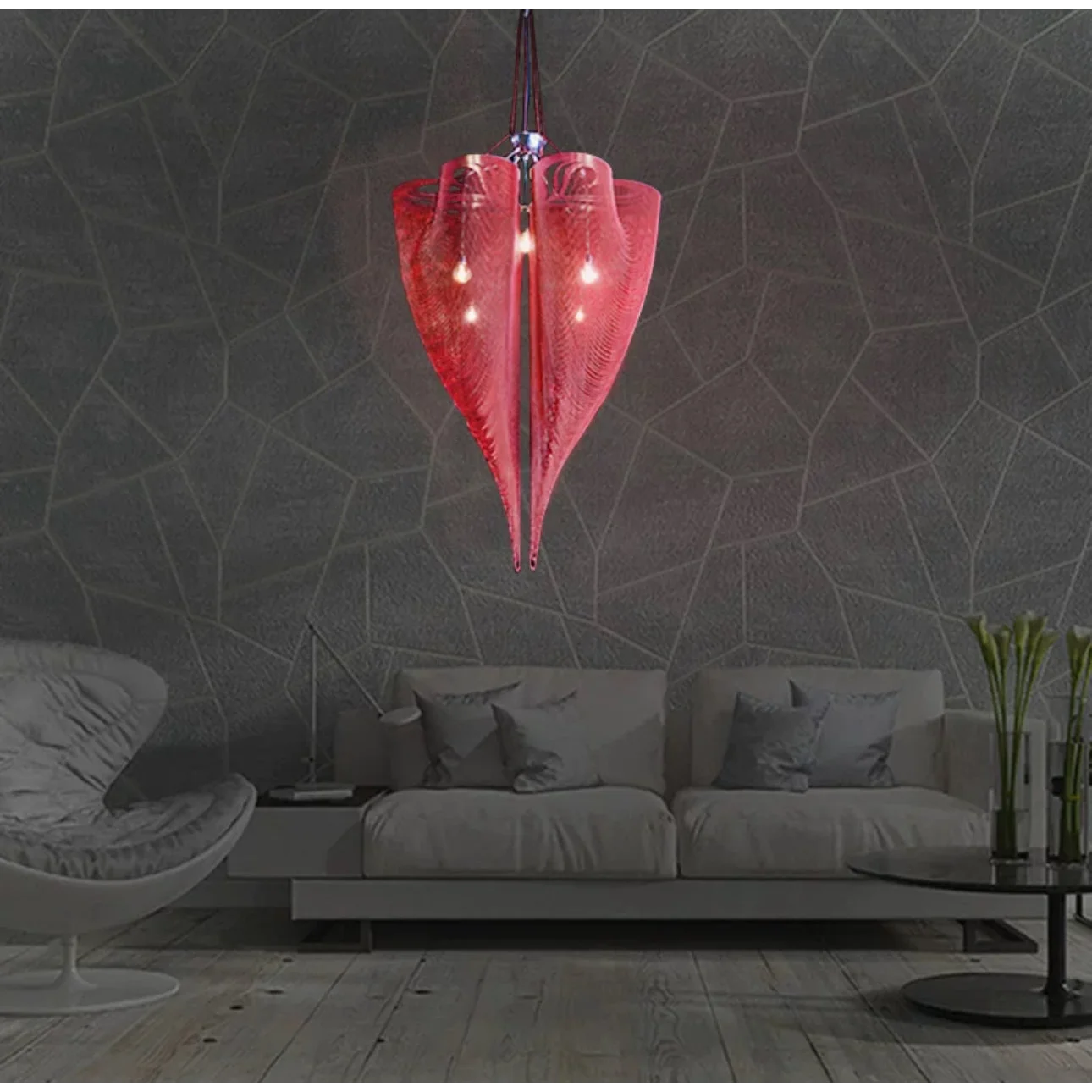 Gold mesh chandelier from below